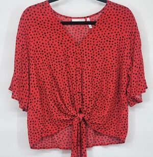 Red Polka Dot Tie-Front Blouse with Flutter Sleeves LUQ